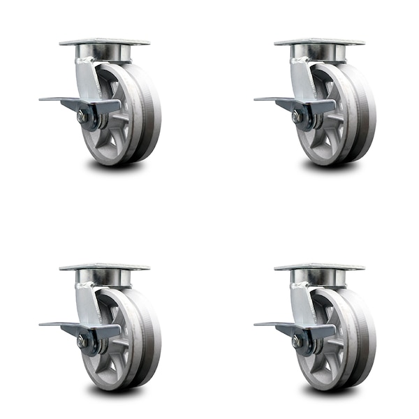 Service Caster 6 Inch Kingpinless V Groove Semi Steel Wheel Swivel Caster Set with Brakes SCC SCC-KP30S620-VGR-SLB-4 - main